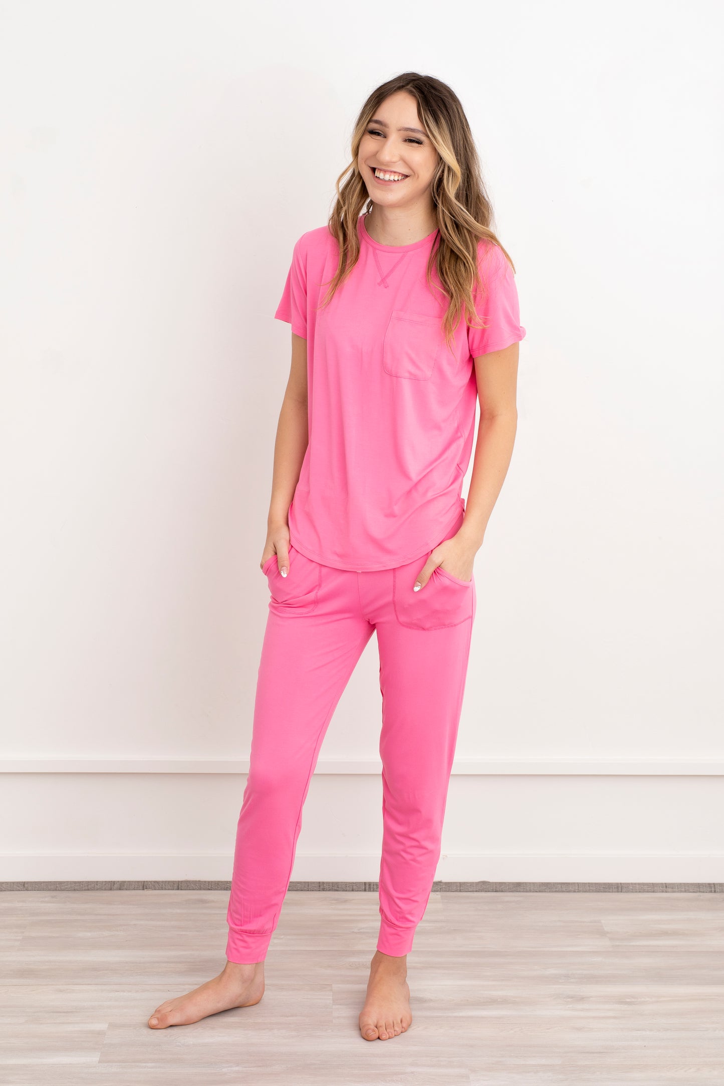 Crew Neck Bamboo Jogger Pants Pajama Set Pink