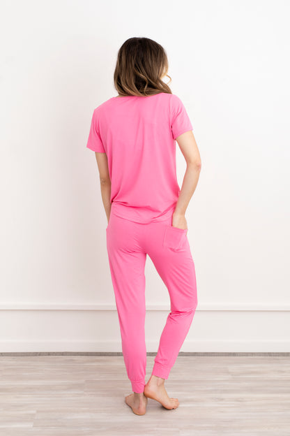 Crew Neck Bamboo Jogger Pants Pajama Set Pink
