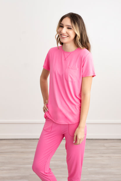 Crew Neck Bamboo Jogger Pants Pajama Set Pink