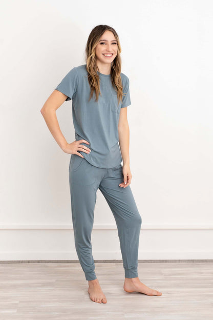 Crew Neck Modal Jogger Pants Pajama Set French Blue