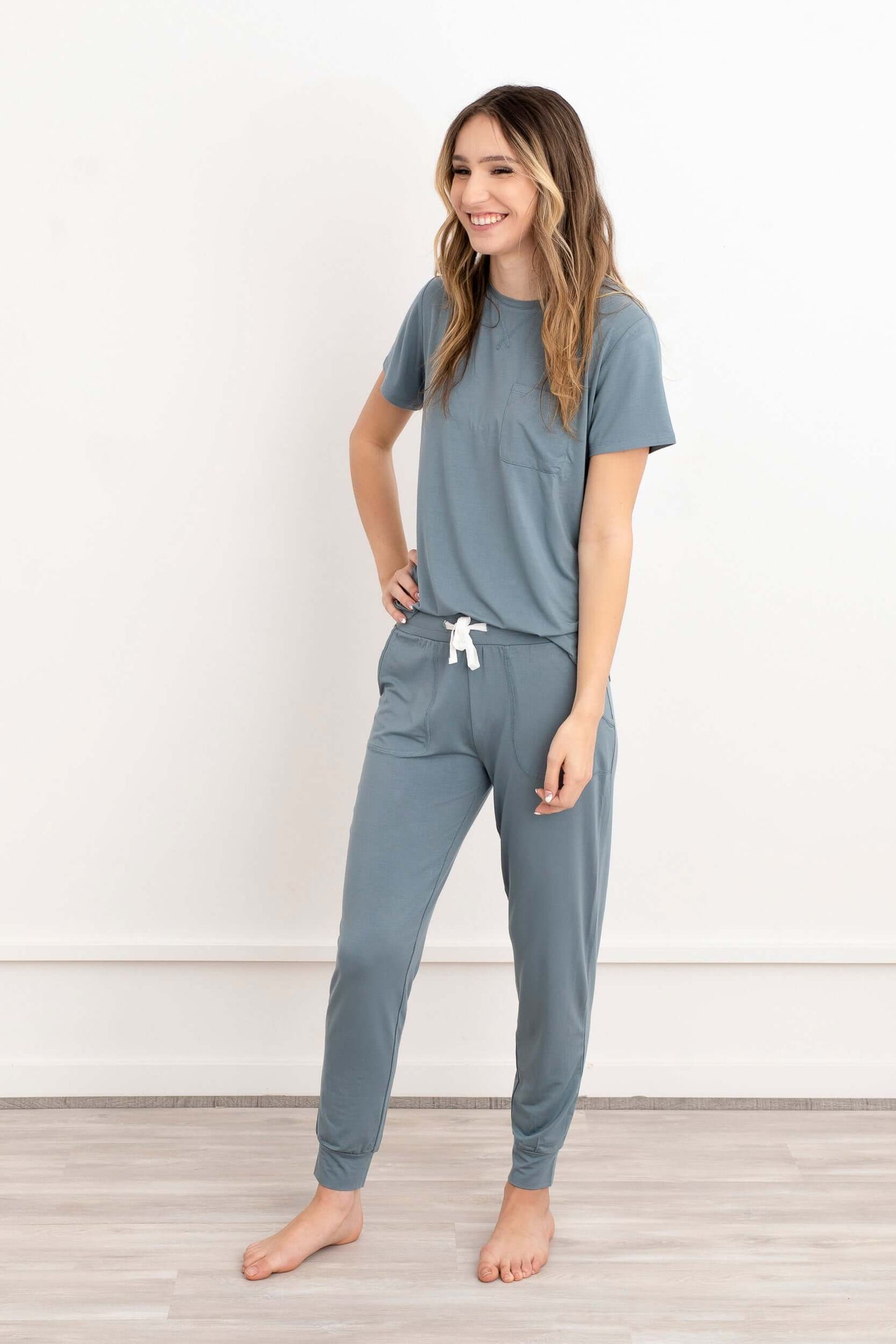 Crew Neck Modal Jogger Pants Pajama Set French Blue