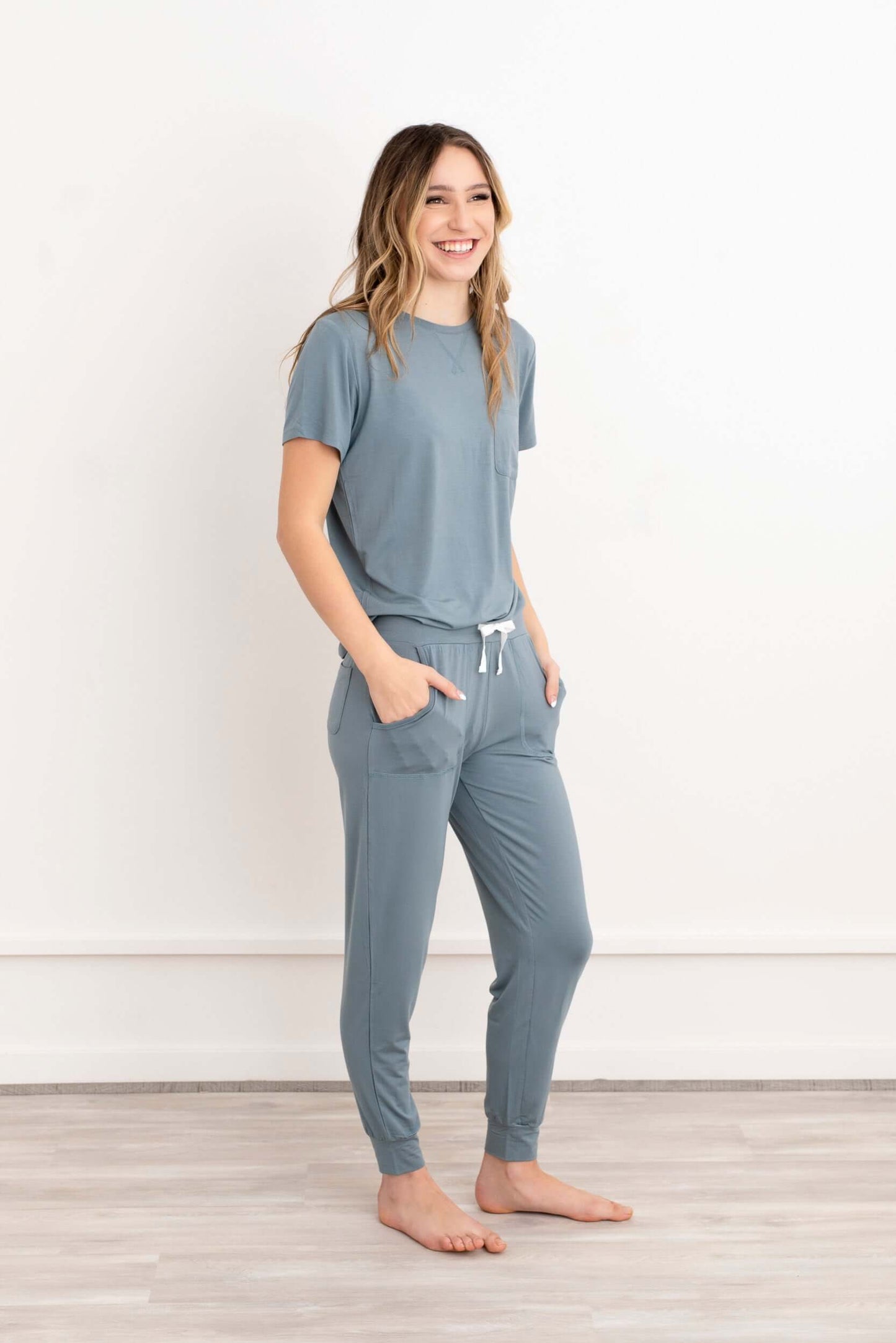 Crew Neck Modal Jogger Pants Pajama Set French Blue