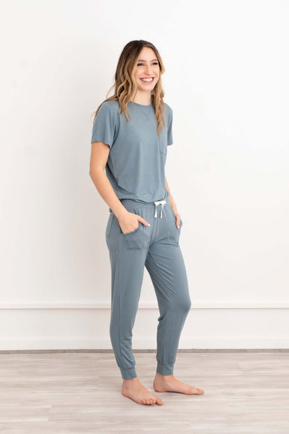 Crew Neck Modal Jogger Pants Pajama Set French Blue