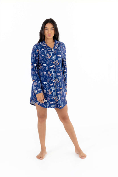 Woodland Night women nightshirt long sleeve in blue with playful print, featuring button-down front and notched collar.