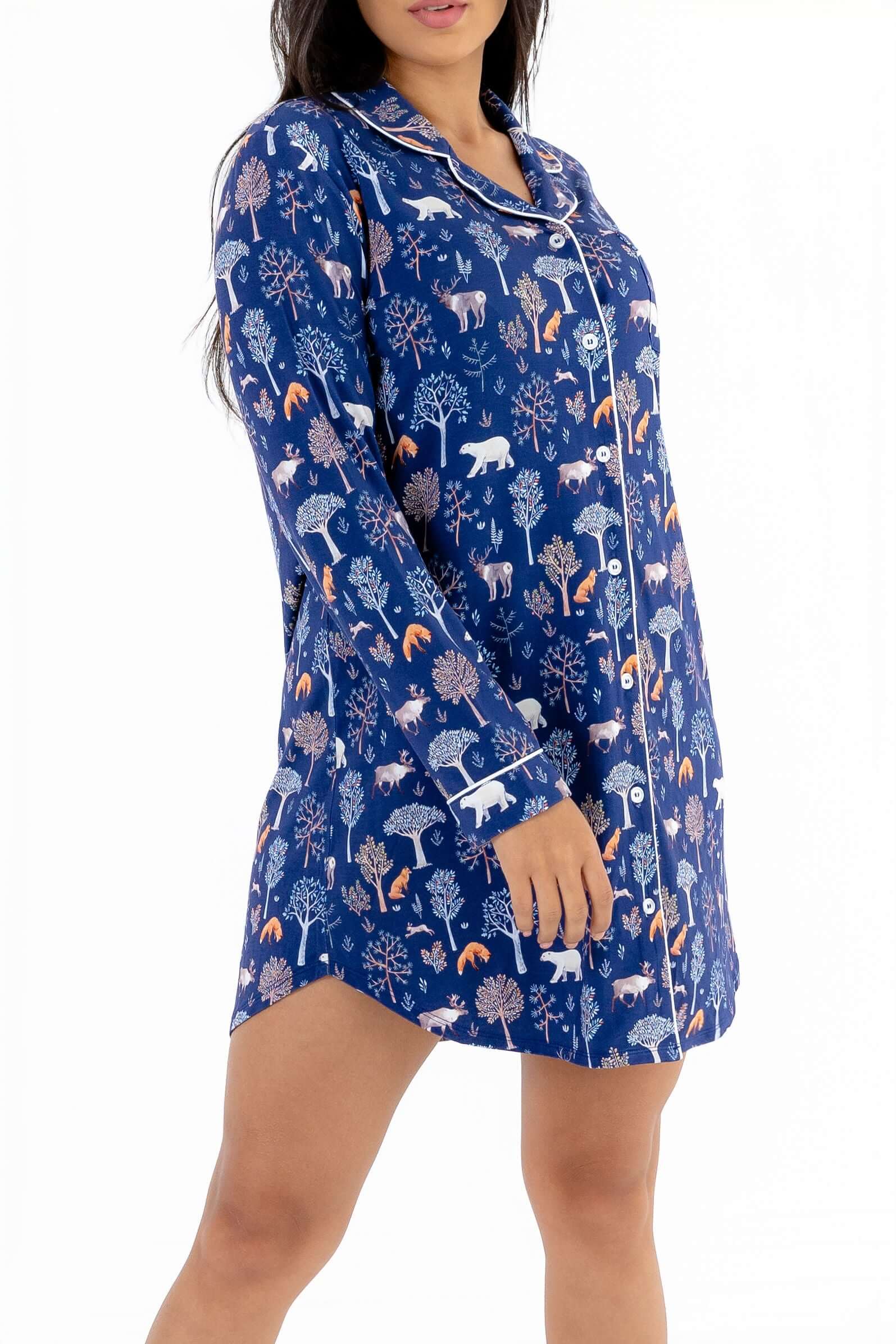 Woodland Night women’s nightshirt long sleeve in blue with forest animal print, featuring button-down front and notched collar.