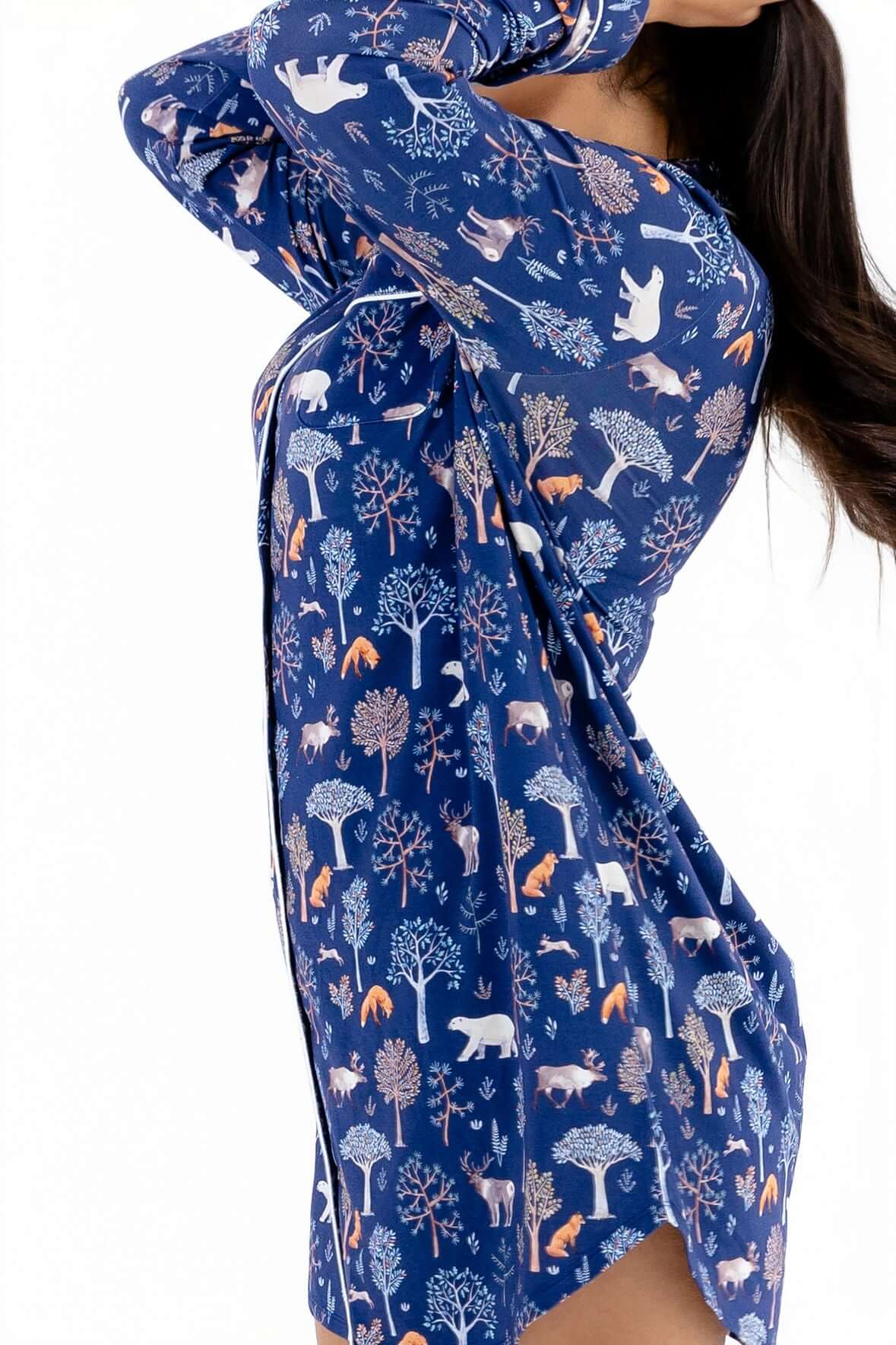 Woodland Night Women’s Nightshirt – Buttery Soft Long Sleeve Sleep Shirt in blue forest print, perfect for cozy nights.