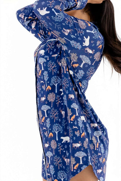 Woodland Night Women’s Nightshirt – Buttery Soft Long Sleeve Sleep Shirt in blue forest print, perfect for cozy nights.