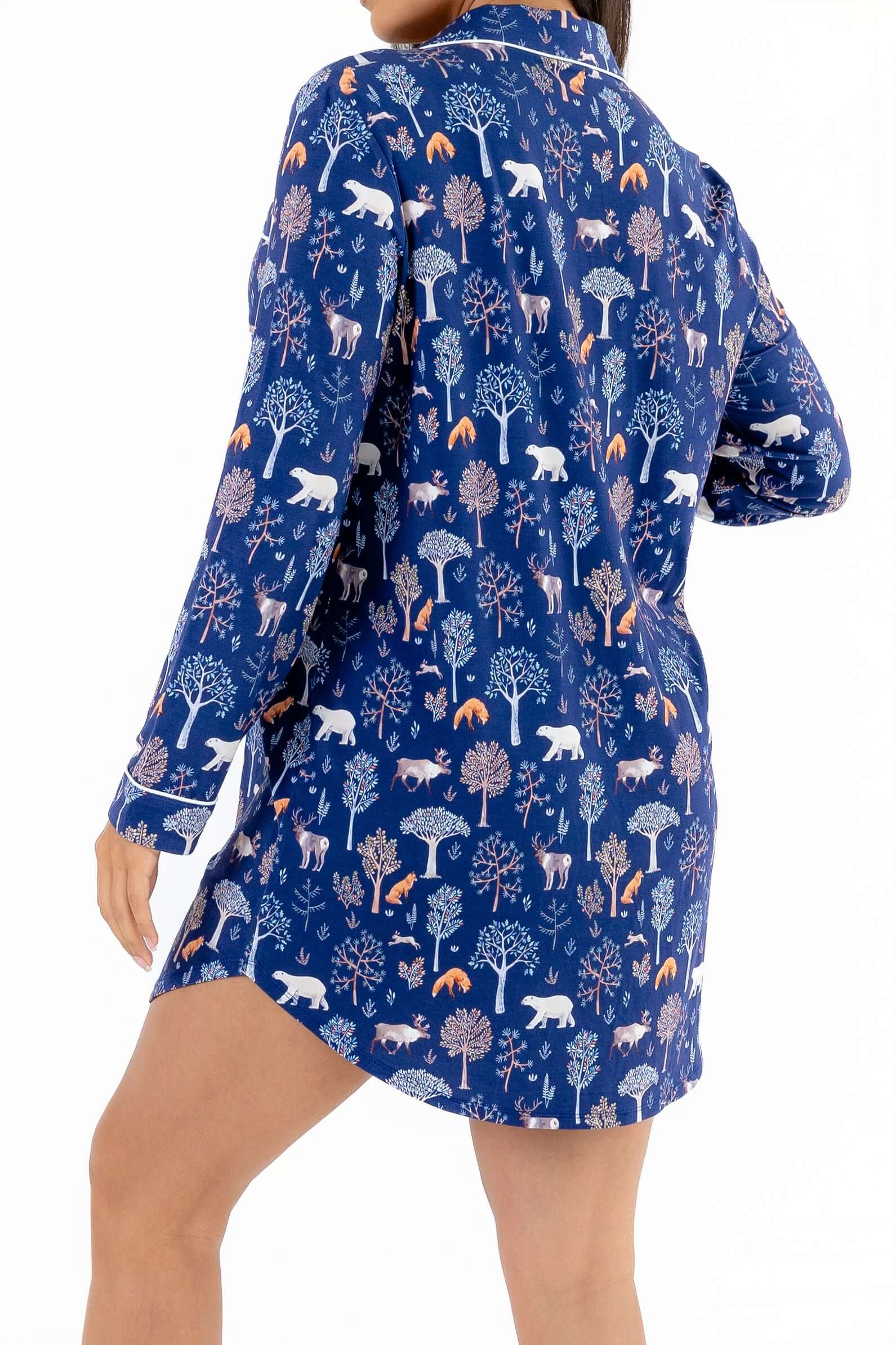 Woodland Night women nightshirt long sleeve in blue with forest and animal prints, perfect for cozy sleep.