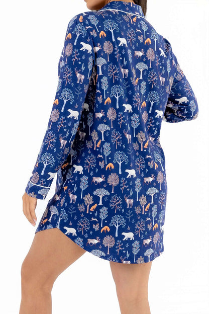 Woodland Night women nightshirt long sleeve in blue with forest and animal prints, perfect for cozy sleep.
