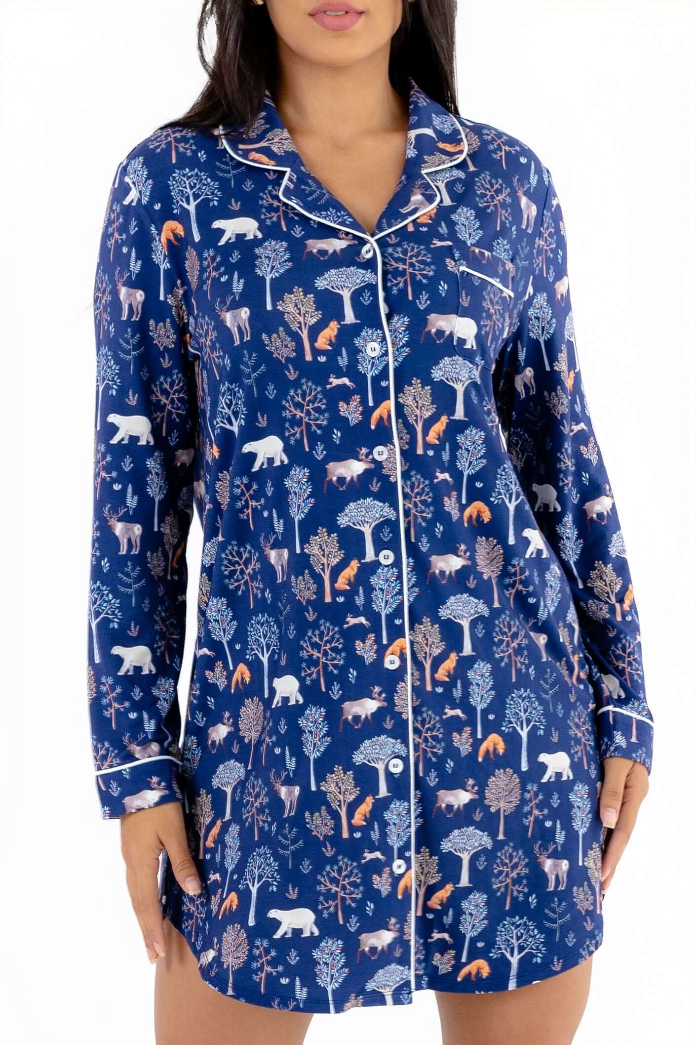 Woodland Night Women’s Nightshirt – Buttery Soft Long Sleeve Sleep Shirt featuring a charming nature print.