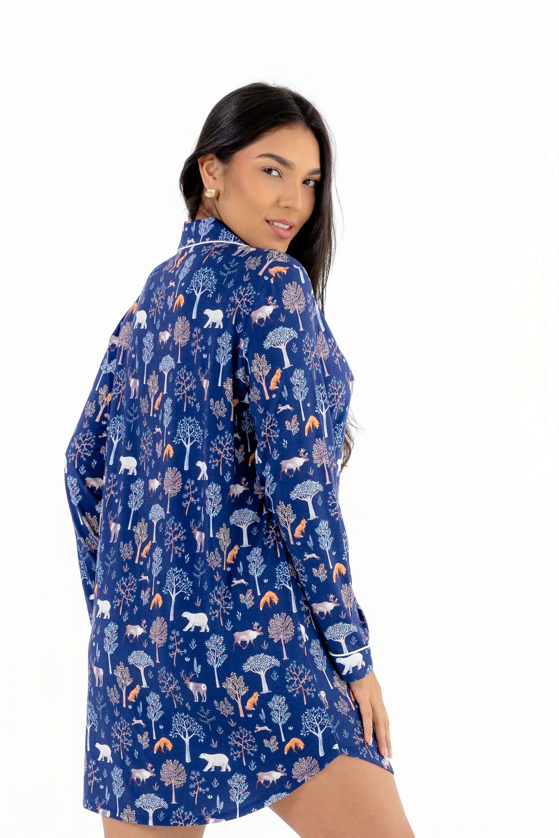 Women nightshirt long sleeve in a vibrant woodland print with trees and animals, perfect for comfort and style.