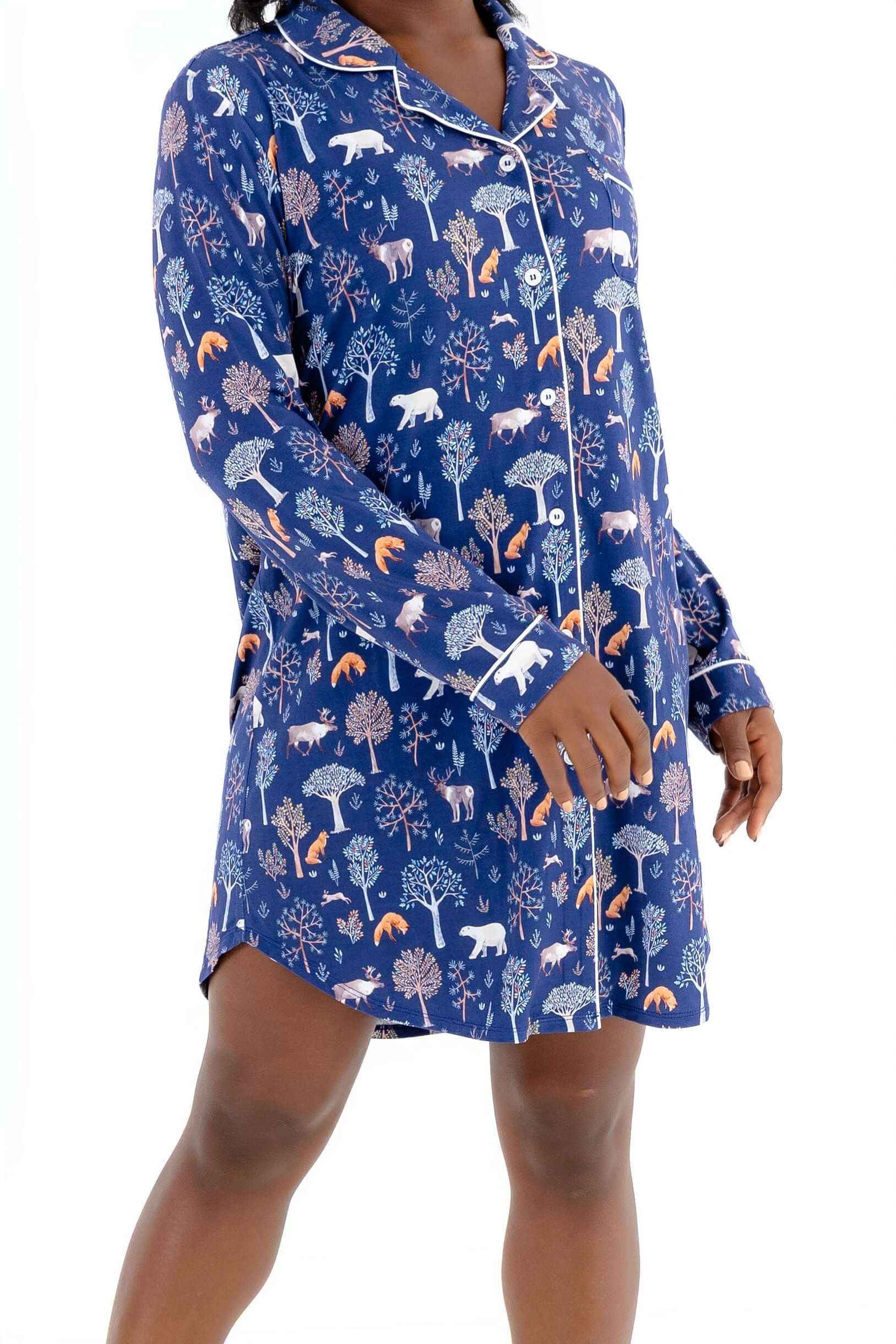 Woodland Night women nightshirt long sleeve in cozy modal fabric with forest patterns and button-down front.