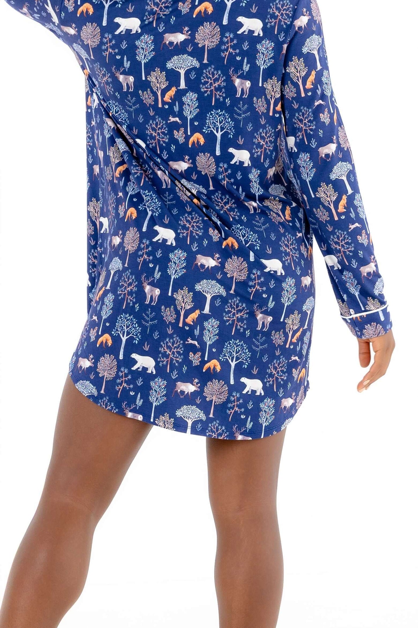 Women nightshirt long sleeve featuring woodland animal prints and a comfortable, relaxed fit.