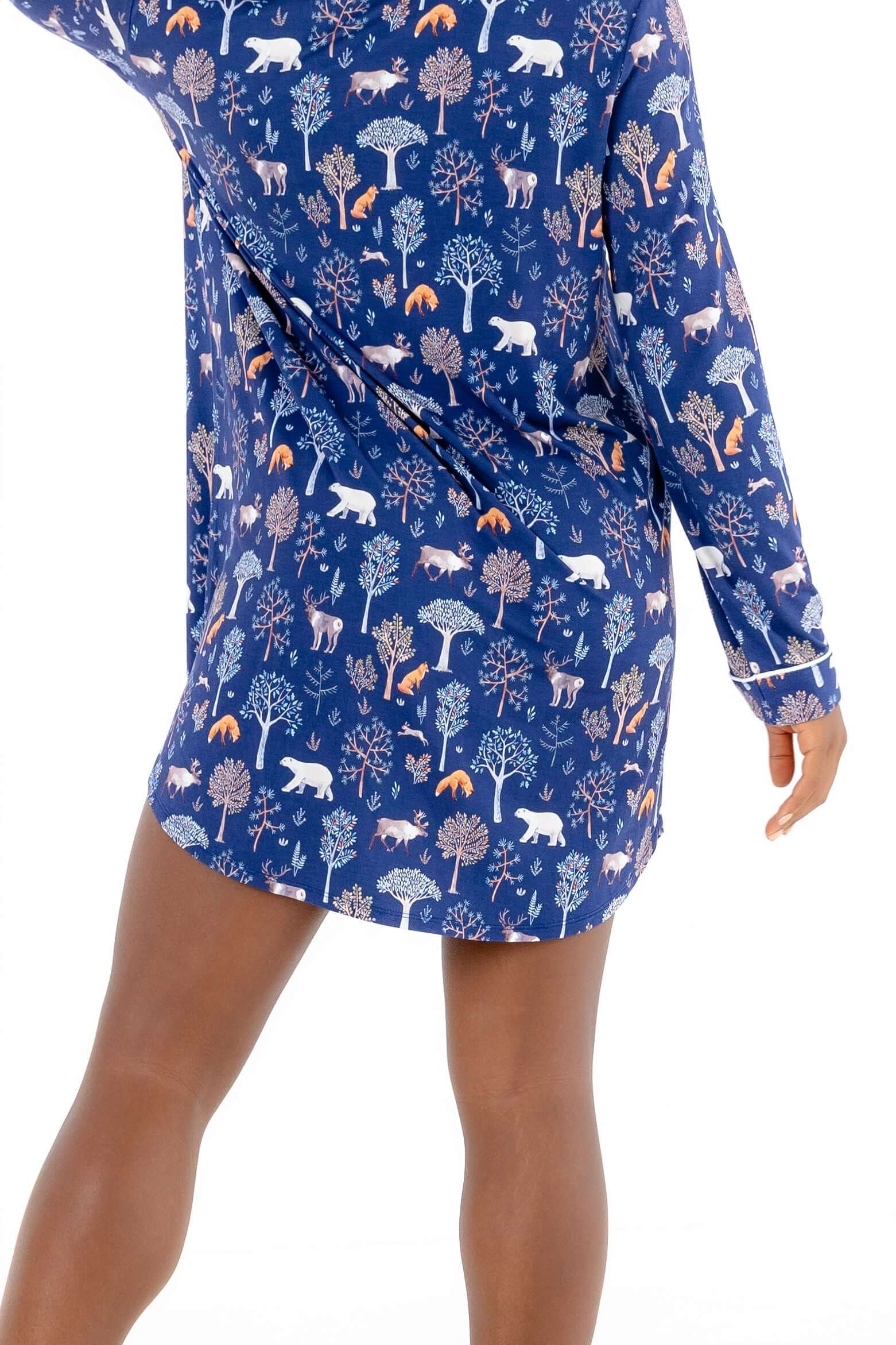 Women nightshirt long sleeve featuring woodland animal prints and a comfortable, relaxed fit.