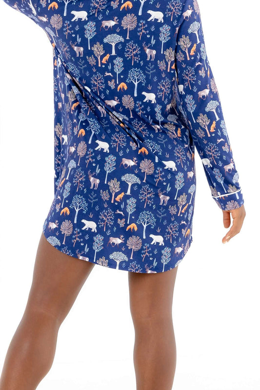 Women nightshirt long sleeve featuring woodland animal prints and a comfortable, relaxed fit.
