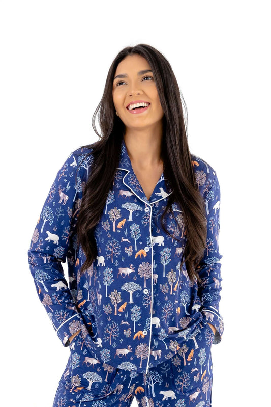 Woodland Night Women’s Button Up Pajama Set – Buttery Soft Long Sleeve PJs