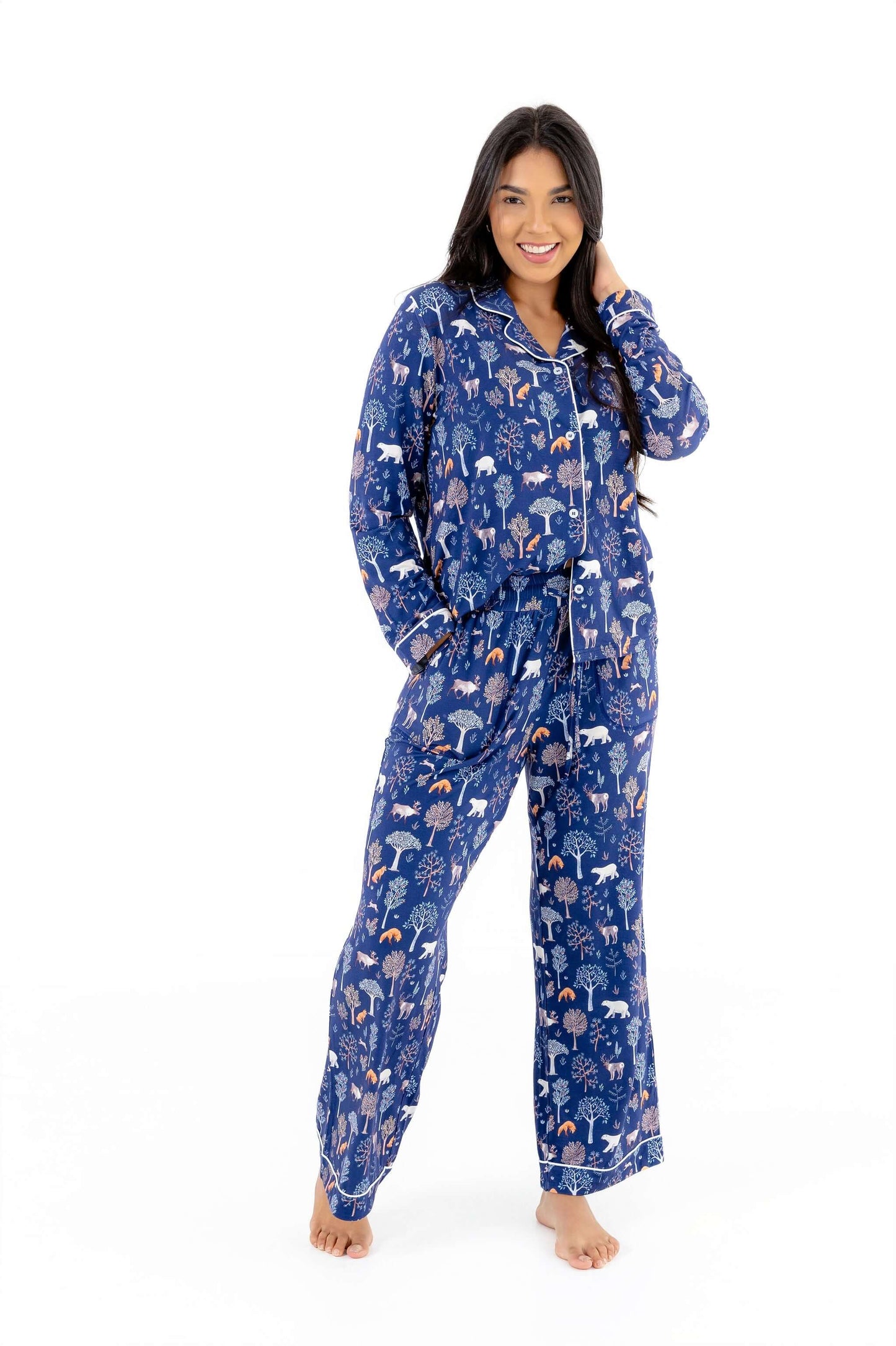 Woodland Night Women’s Button Up Pajama Set – Buttery Soft Long Sleeve PJs