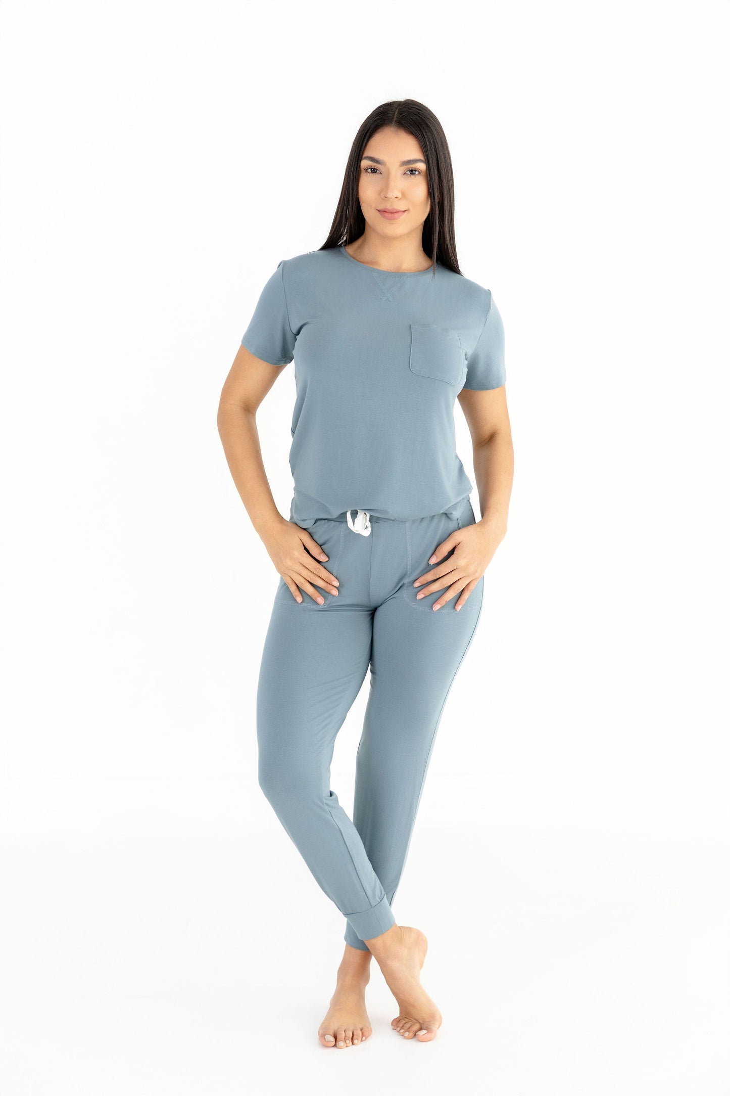 Crew Neck Modal Jogger Pants Pajama Set French Blue