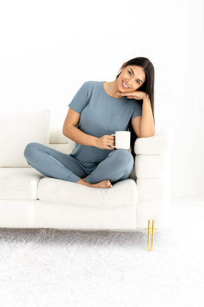 Crew Neck Modal Jogger Pants Pajama Set French Blue