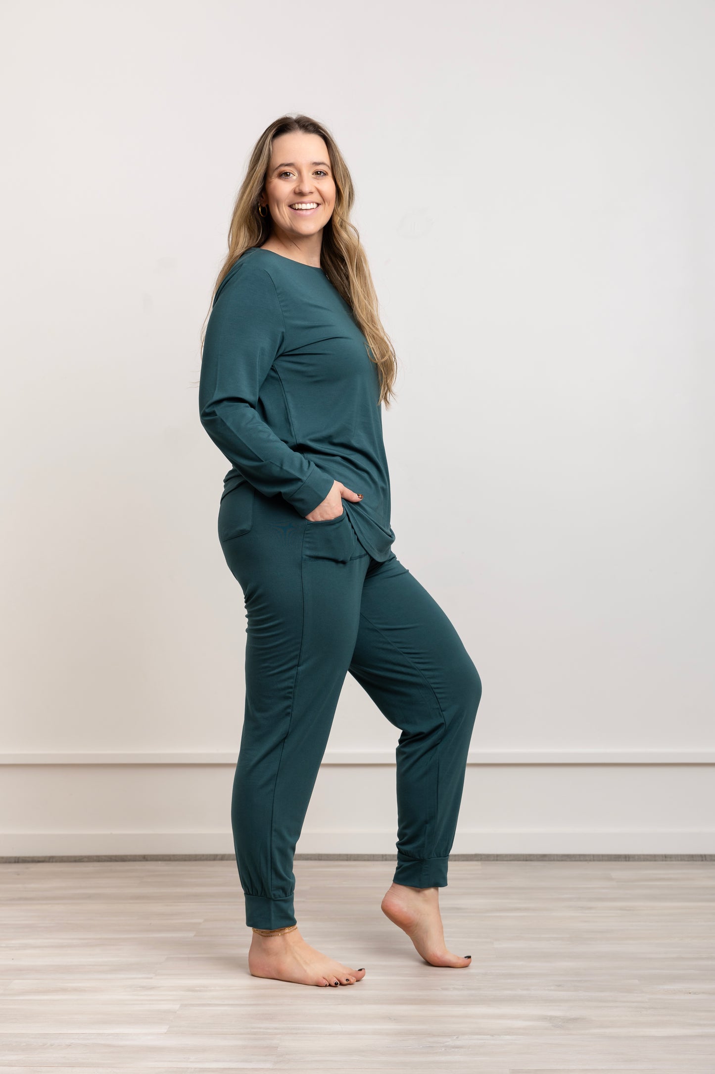 Crew Neck Modal Jogger Pants Pajama Set Evergreen